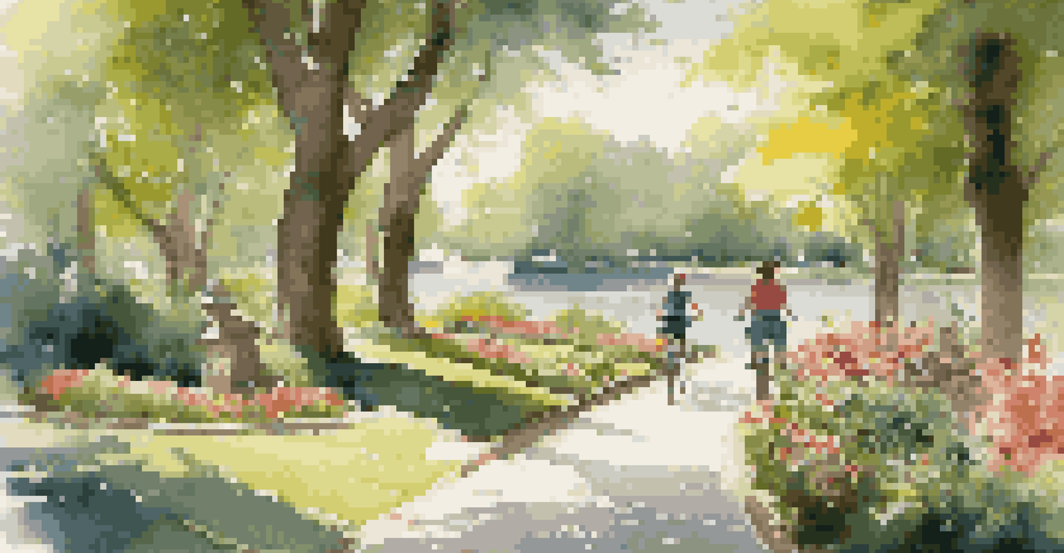 A family biking on a peaceful park pathway surrounded by greenery and flowers.
