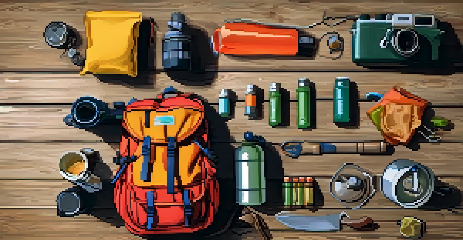 An organized backpack with camping gear on a wooden table, including a camping stove and food packets, illuminated by sunlight.