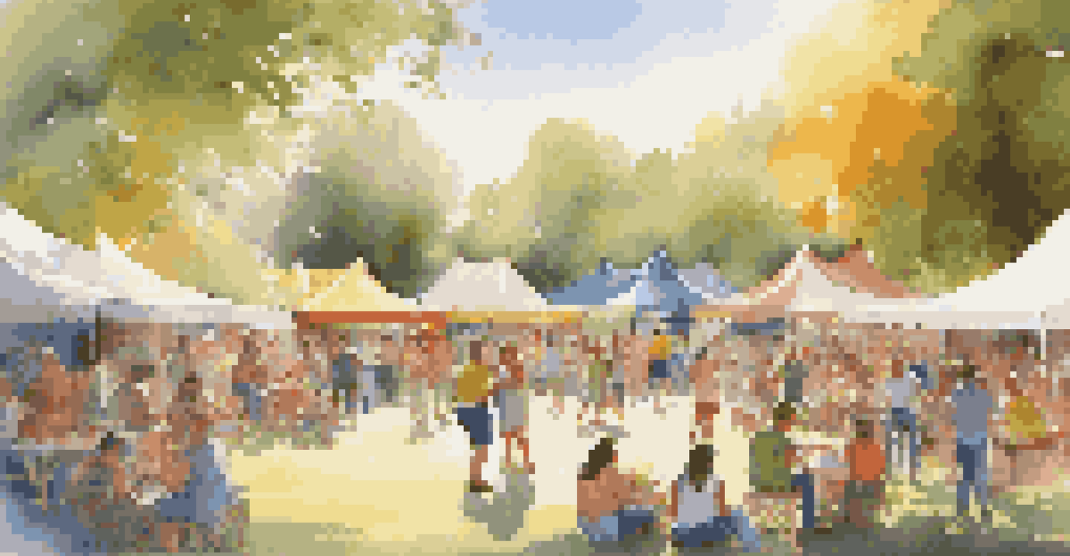 A lively community festival in a park with tents, food stalls, and people enjoying various activities under the sun.