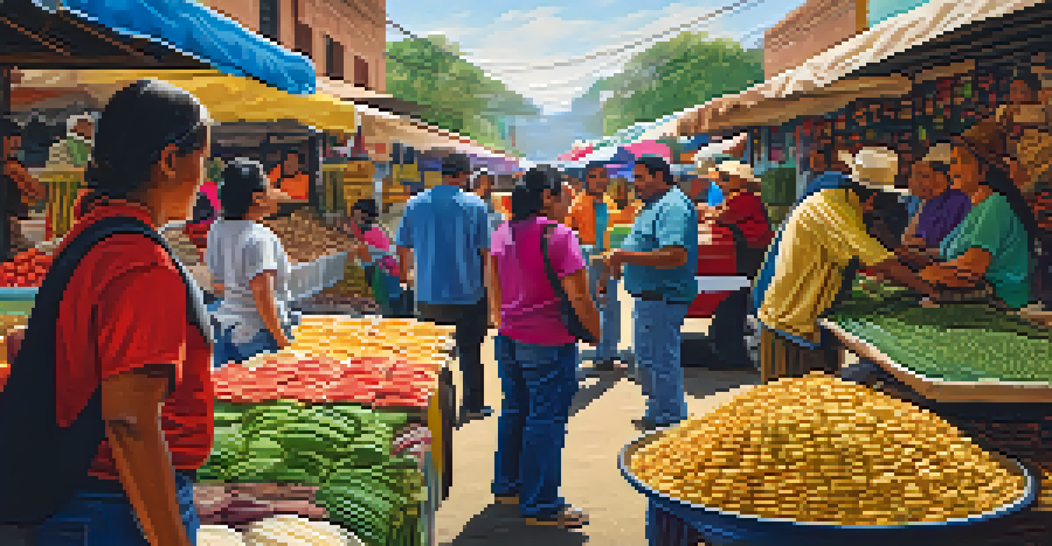A traveler interacting with a vendor in a colorful Mexican market, surrounded by fresh produce and crafts.