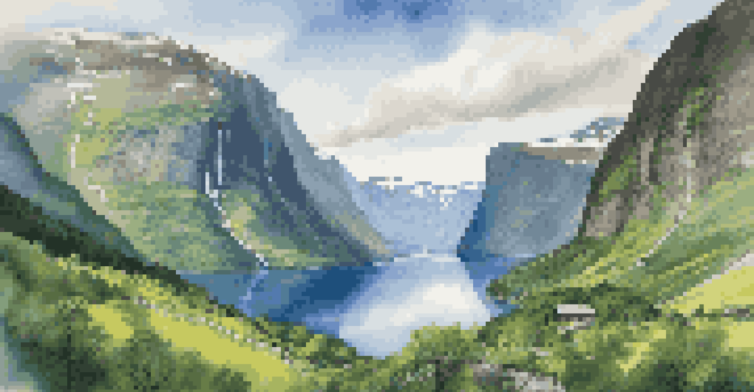 A panoramic view of Geirangerfjord in Norway, highlighting dramatic cliffs, serene waters, and cascading waterfalls under a bright blue sky.