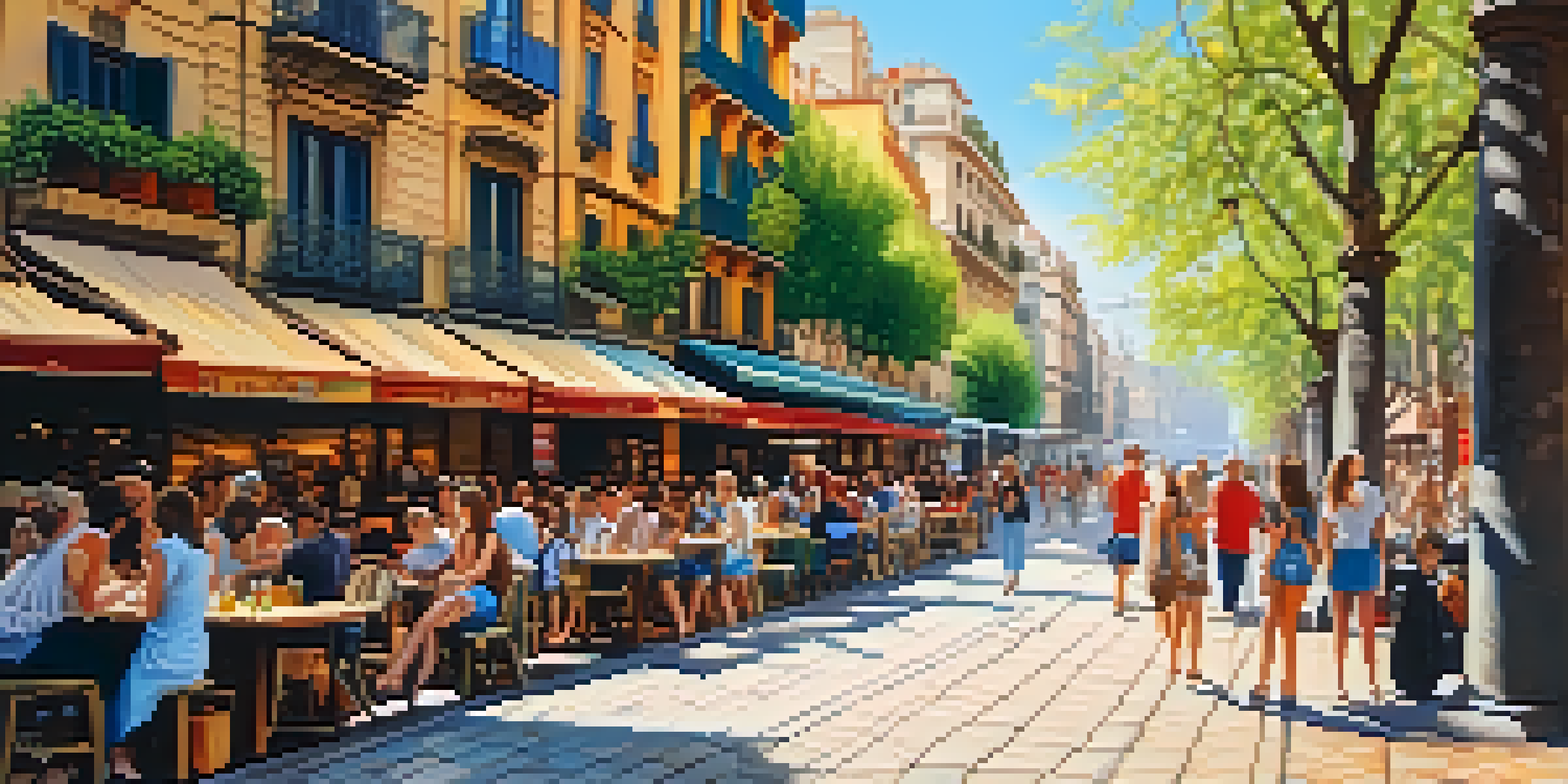 A lively street scene in Barcelona filled with colorful buildings, people enjoying cafes, and sunlight filtering through trees.