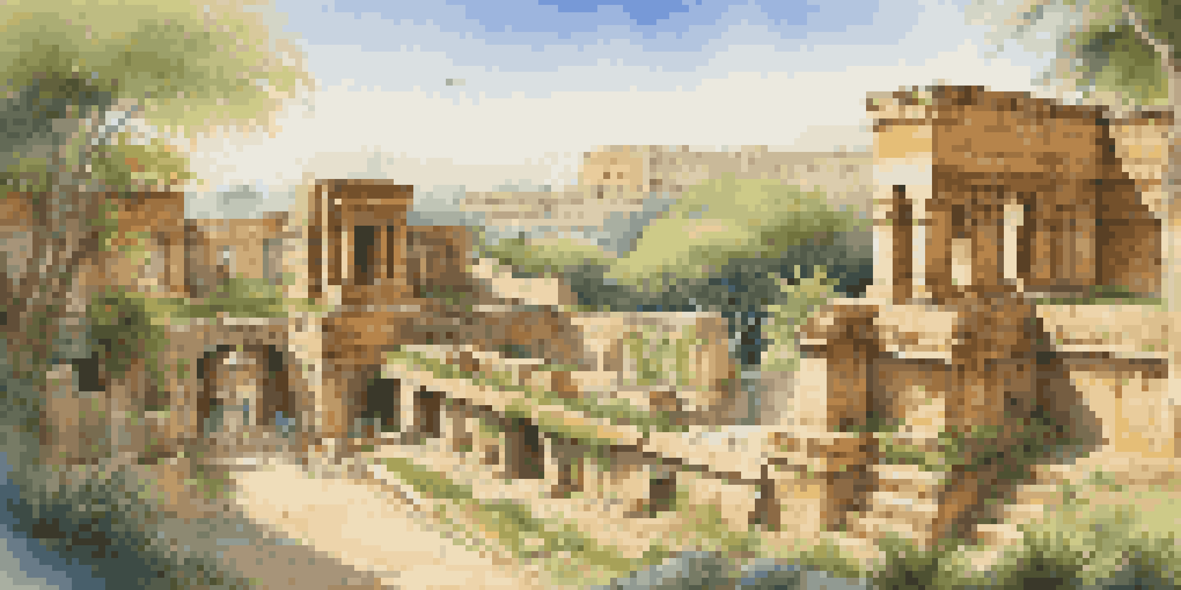 A scenic view of ancient ruins surrounded by greenery, illuminated by golden sunlight, with tourists exploring the site.