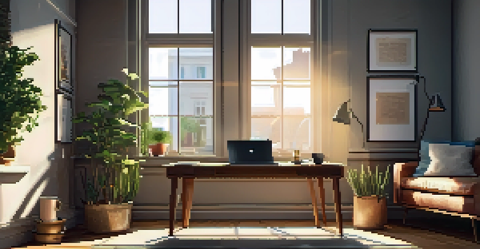 A warm and inviting workspace with a laptop, coffee, and plants illuminated by sunlight.