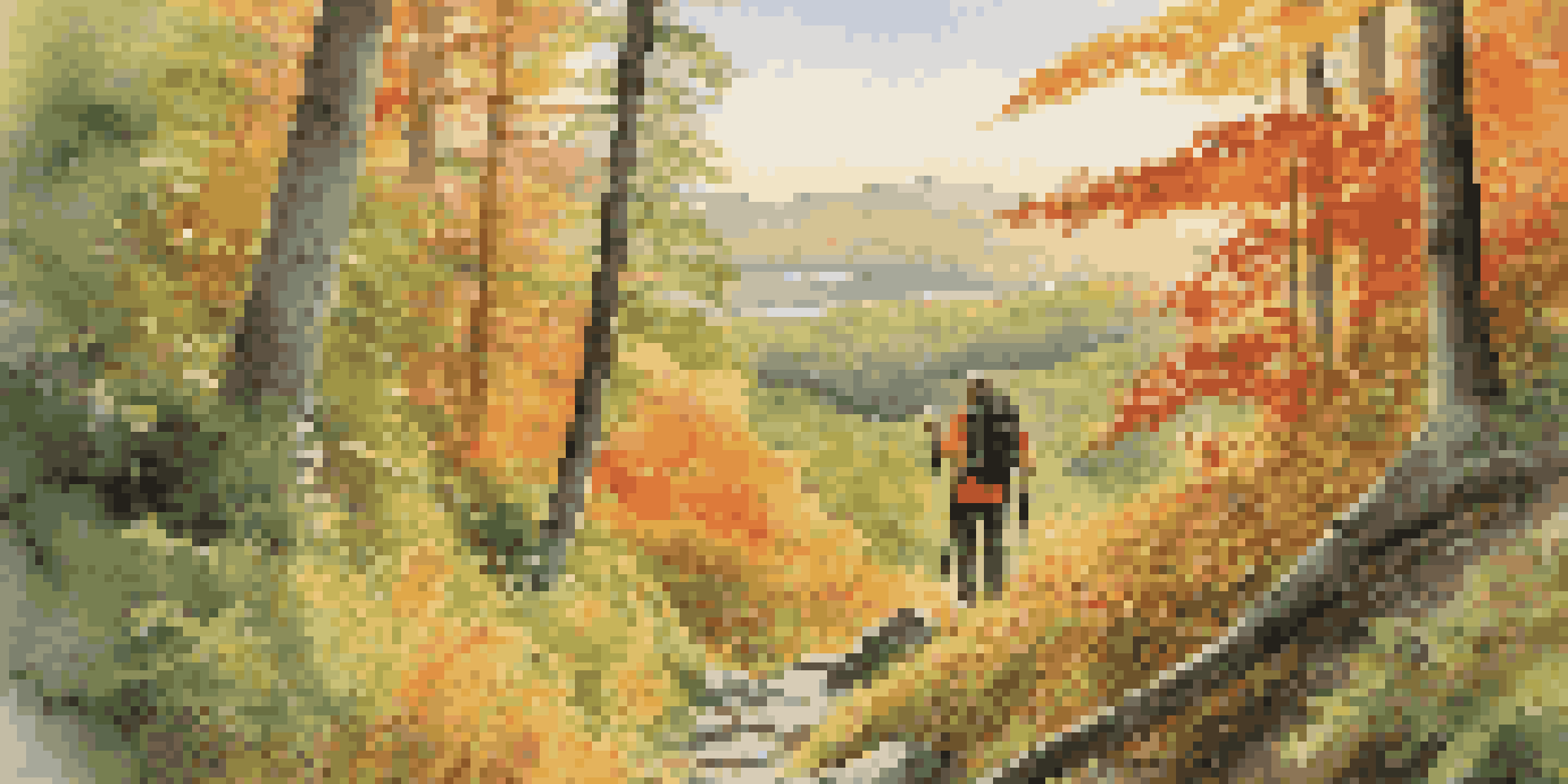 A hiker stands on the Appalachian Trail, surrounded by colorful autumn foliage and sunlight filtering through the trees.