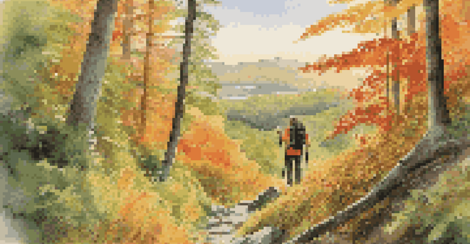 A hiker stands on the Appalachian Trail, surrounded by colorful autumn foliage and sunlight filtering through the trees.