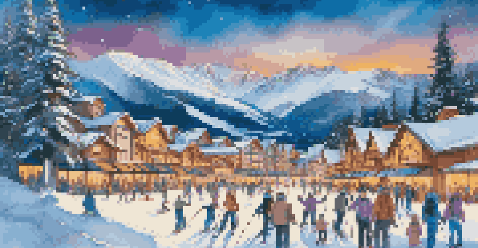 A lively winter scene in Whistler Blackcomb with skiers on the slopes and a vibrant village at the base.