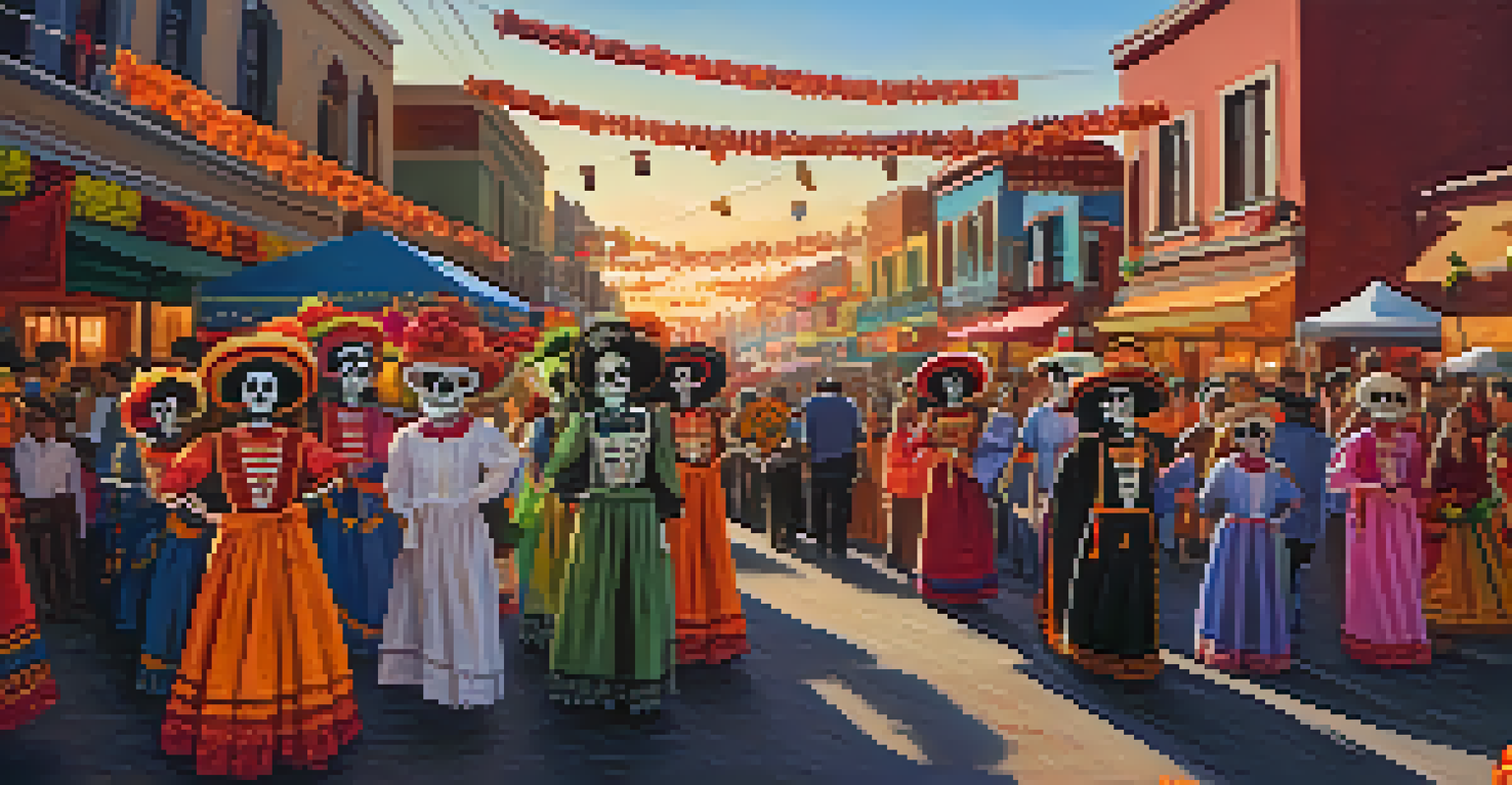 A festive parade for Día de los Muertos with participants in colorful costumes and painted faces, celebrating life and memory.