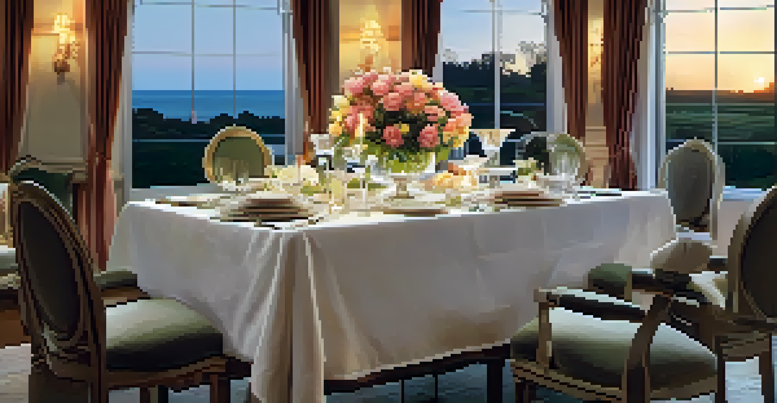 A beautifully arranged dining table with fine china, crystal glassware, a floral centerpiece, and candles, with a sunset view in the background.
