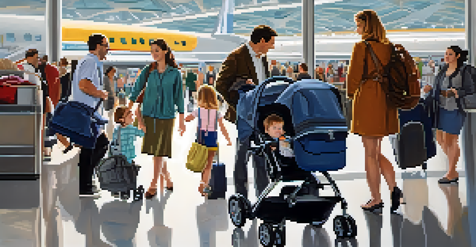 A family at the airport with a folding stroller and a car seat travel bag, amidst a busy travel environment.