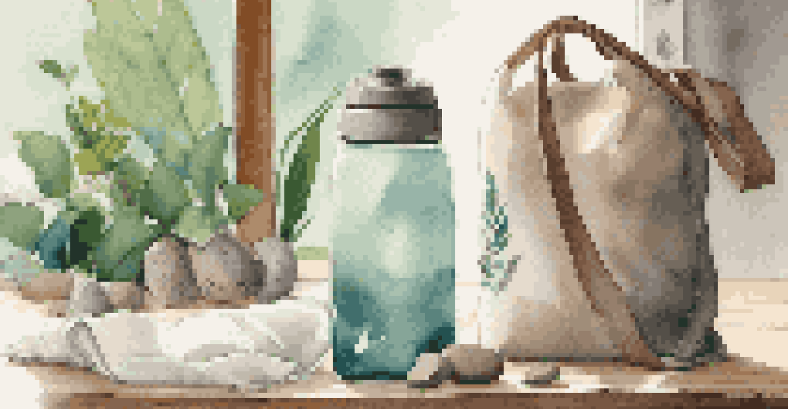 A reusable water bottle, ceramic mug, and cloth bag on a wooden table, surrounded by natural elements, promoting sustainable travel.