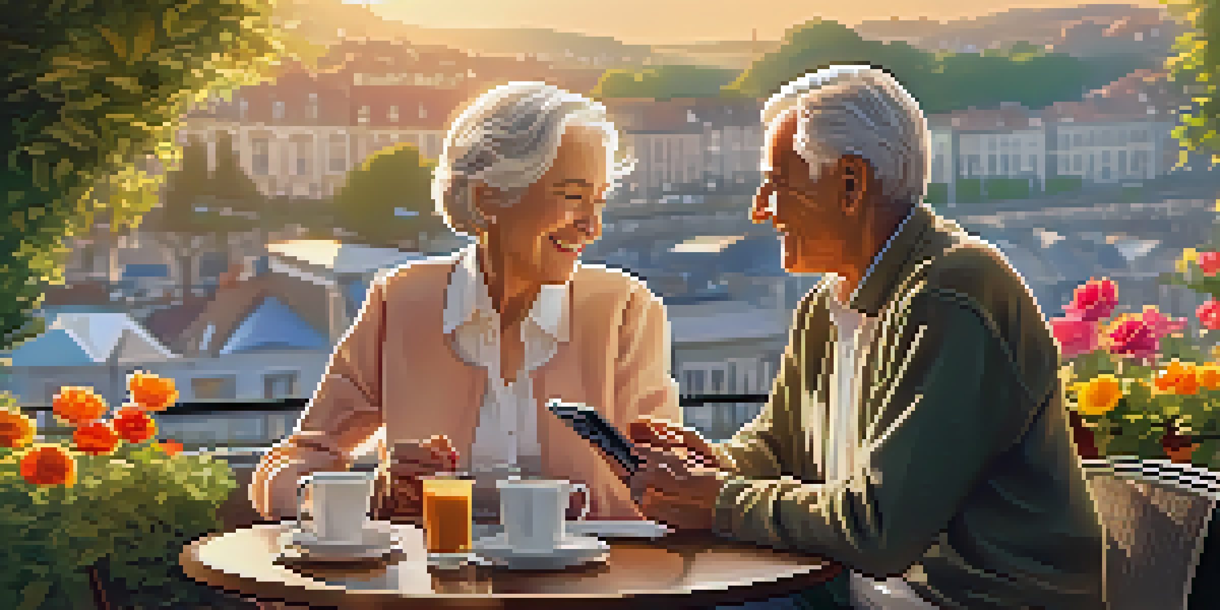 An elderly couple enjoying a smartphone together at a café surrounded by flowers and greenery during sunset.