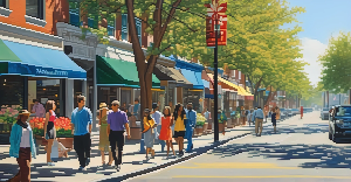 A lively urban street filled with people walking, surrounded by trees and colorful shops, under warm sunlight.