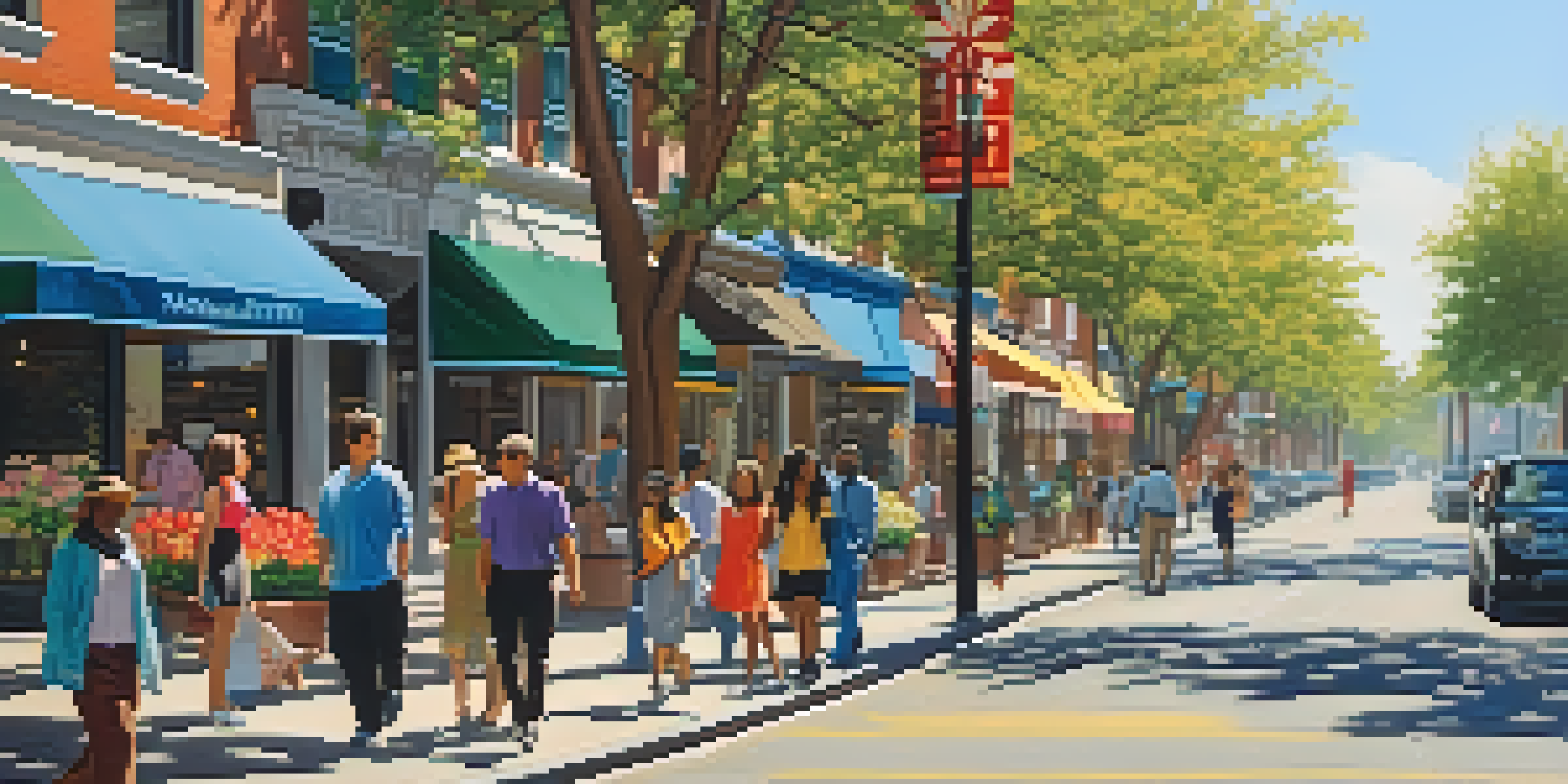 A lively urban street filled with people walking, surrounded by trees and colorful shops, under warm sunlight.