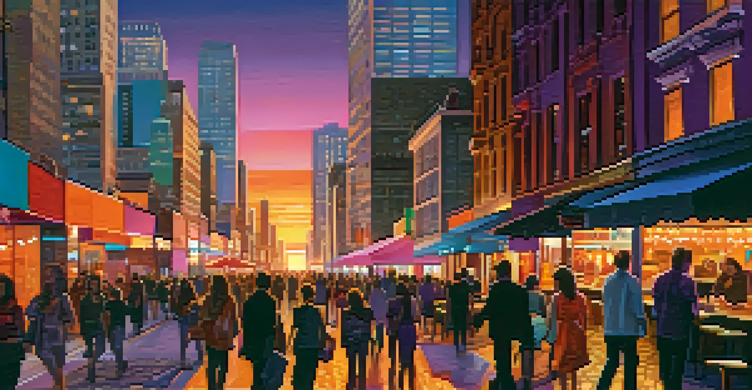 A city skyline at sunset with colorful skies and people walking on the streets below.