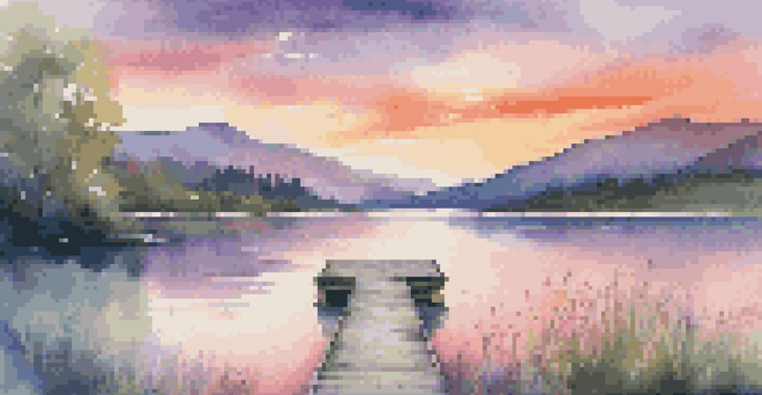 A tranquil lake surrounded by mountains and greenery, with a sunset sky reflecting vibrant colors in the water and a wooden dock in the foreground.
