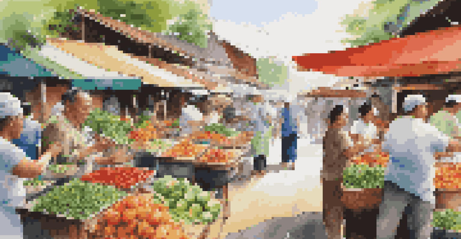 A lively Thai market filled with colorful stalls of fresh produce and spices, with a local chef engaging with travelers about cooking ingredients.