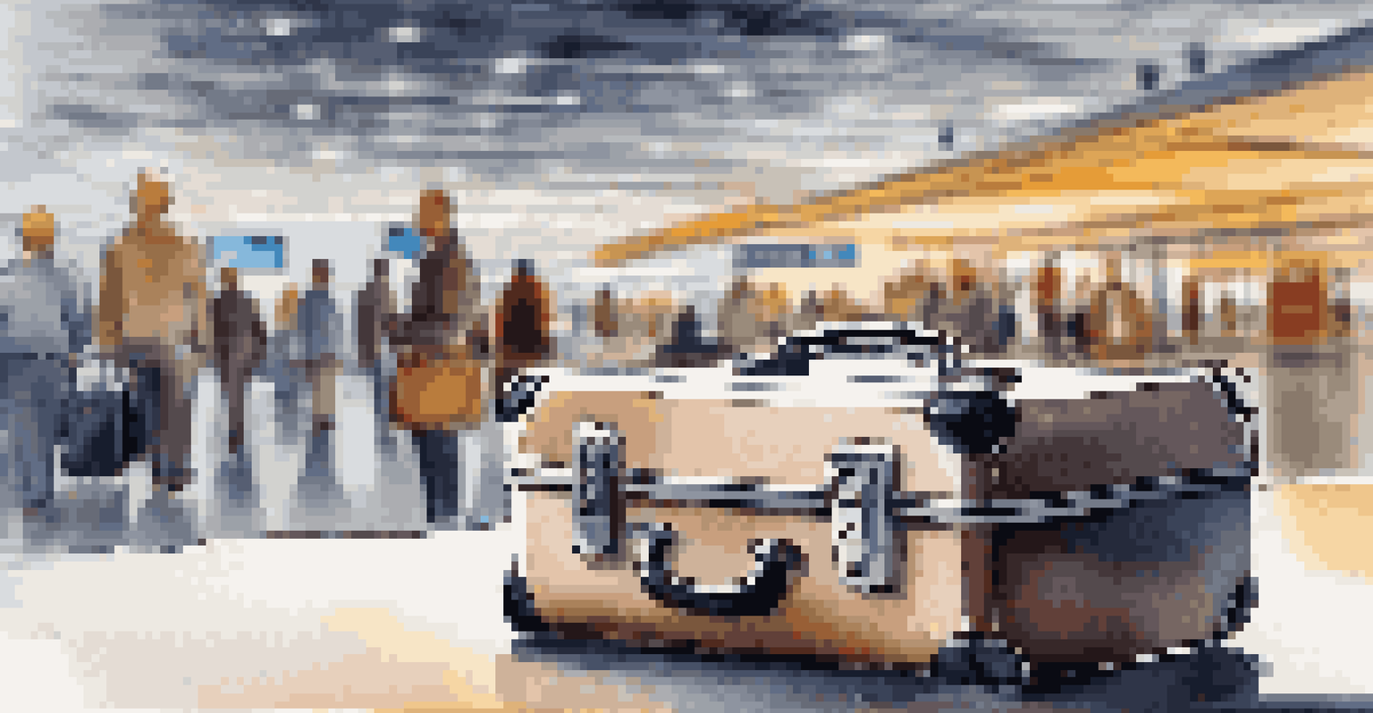 A close-up of a tracking device on a suitcase in an airport terminal, highlighting technology in travel.