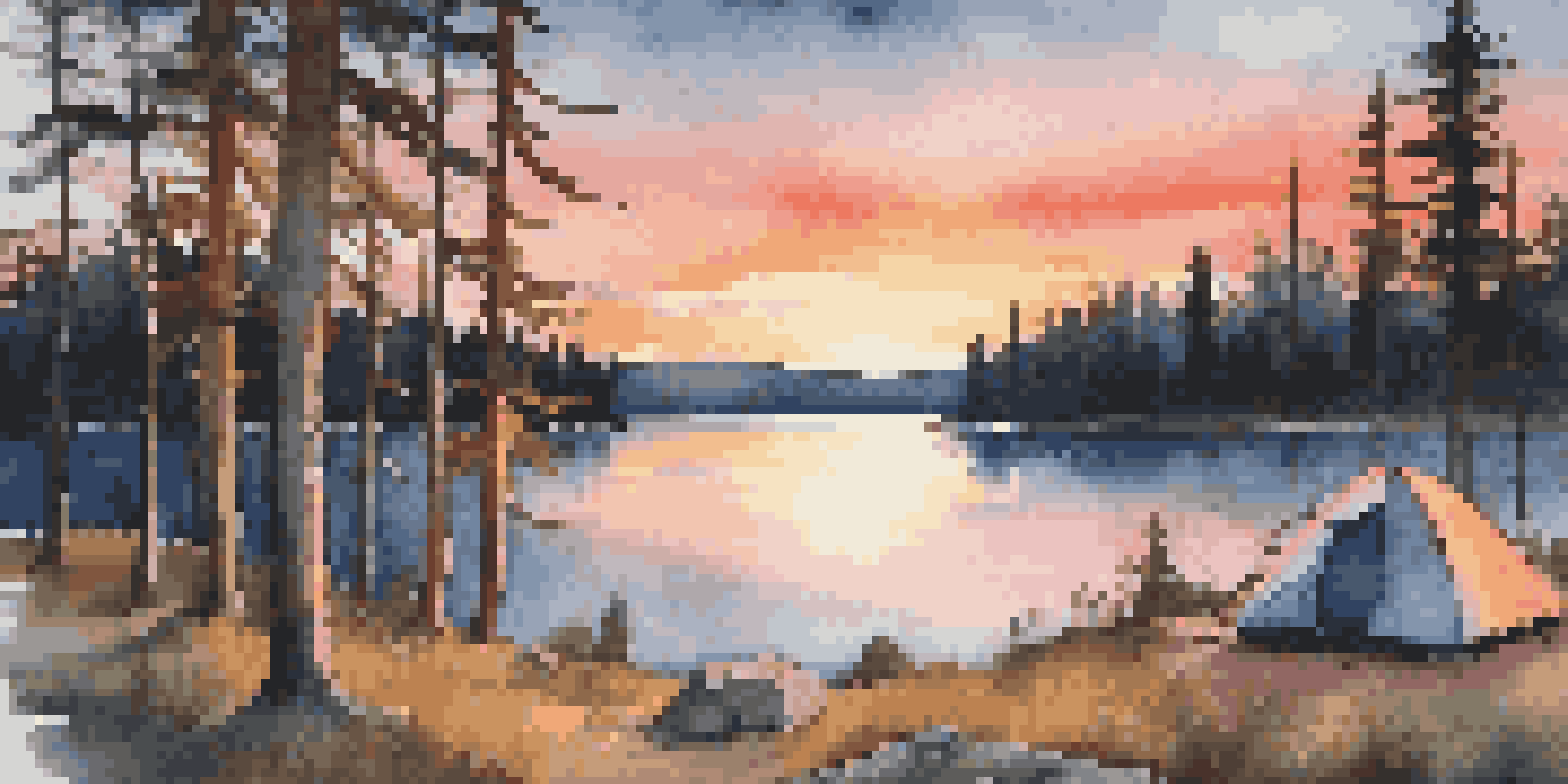 A peaceful camping scene at sunset with a tent, a lake, and a campfire surrounded by trees and wildflowers.