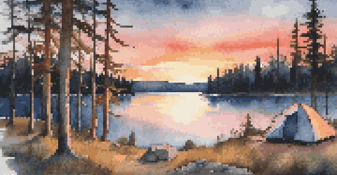 A peaceful camping scene at sunset with a tent, a lake, and a campfire surrounded by trees and wildflowers.