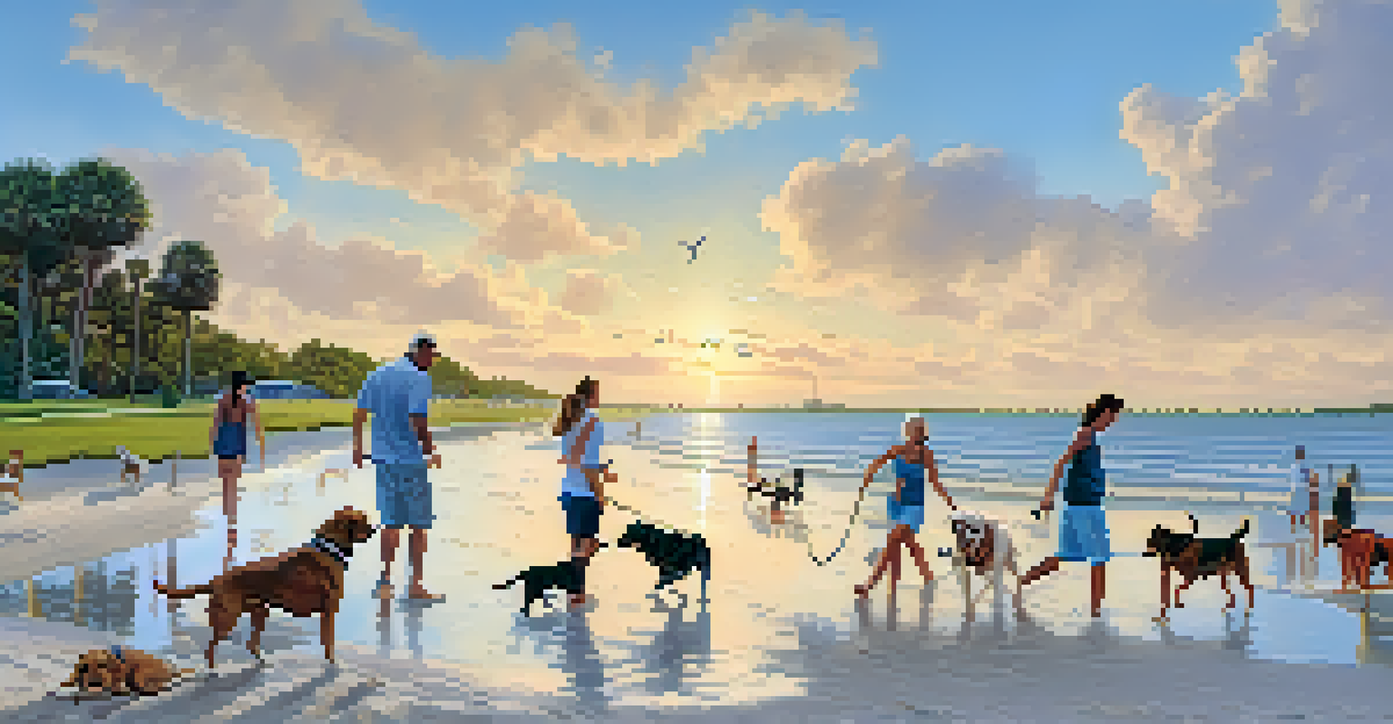 Several dogs playing in the water and on the beach at Fort De Soto Park, with dog owners enjoying the sunny day.