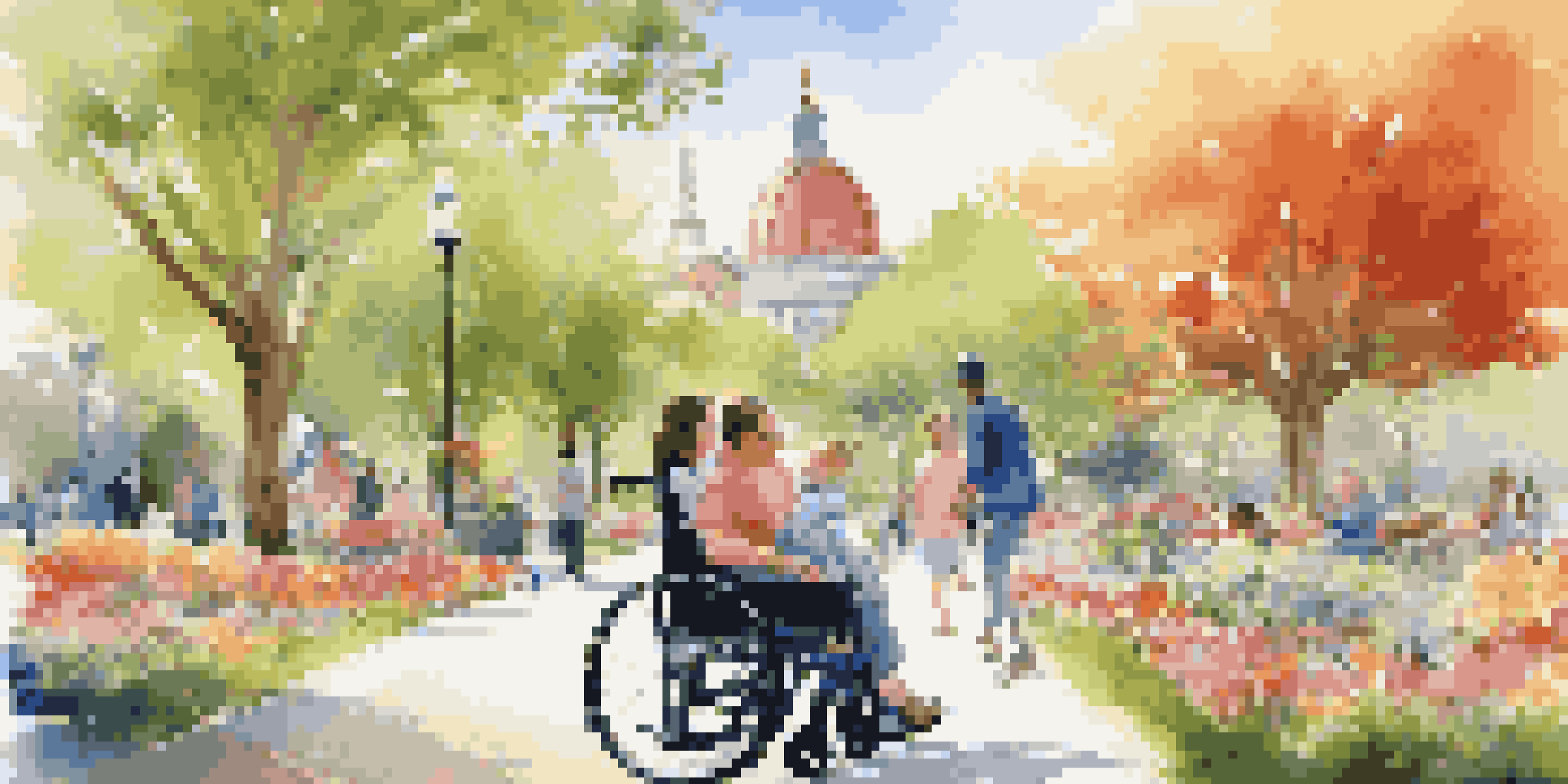 A family in a city park, with a child in a wheelchair and two siblings enjoying the day together among colorful flowers and trees.