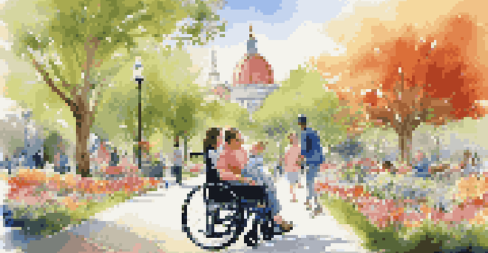 A family in a city park, with a child in a wheelchair and two siblings enjoying the day together among colorful flowers and trees.