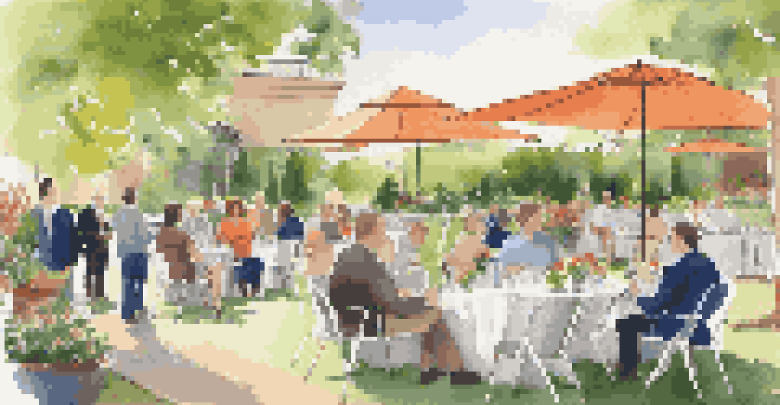 Professionals networking in a garden setting during a conference, with tables, chairs, and colorful flowers.