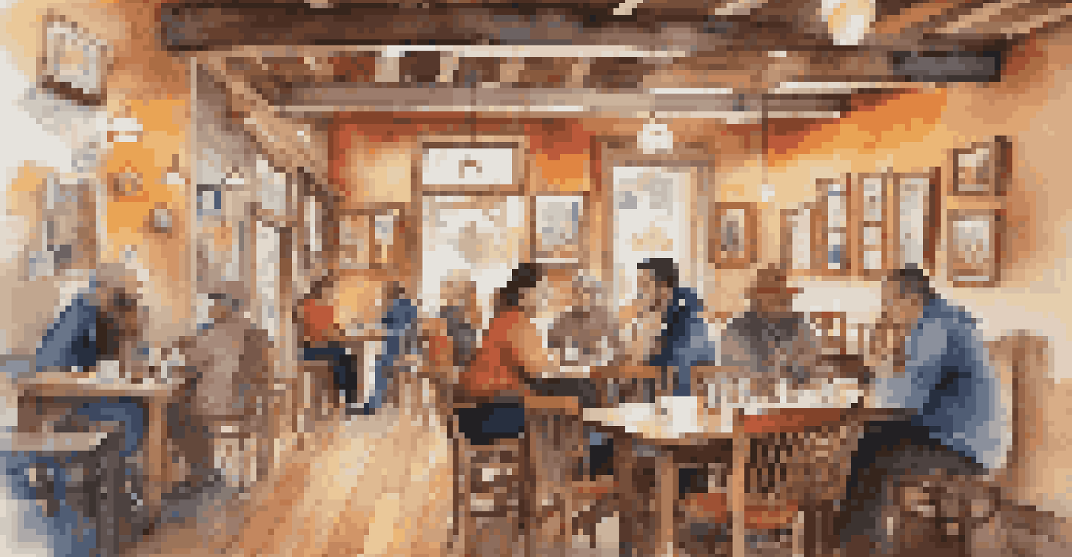 A cozy café filled with local art, where people are engaged in lively discussions about their art tour experiences.