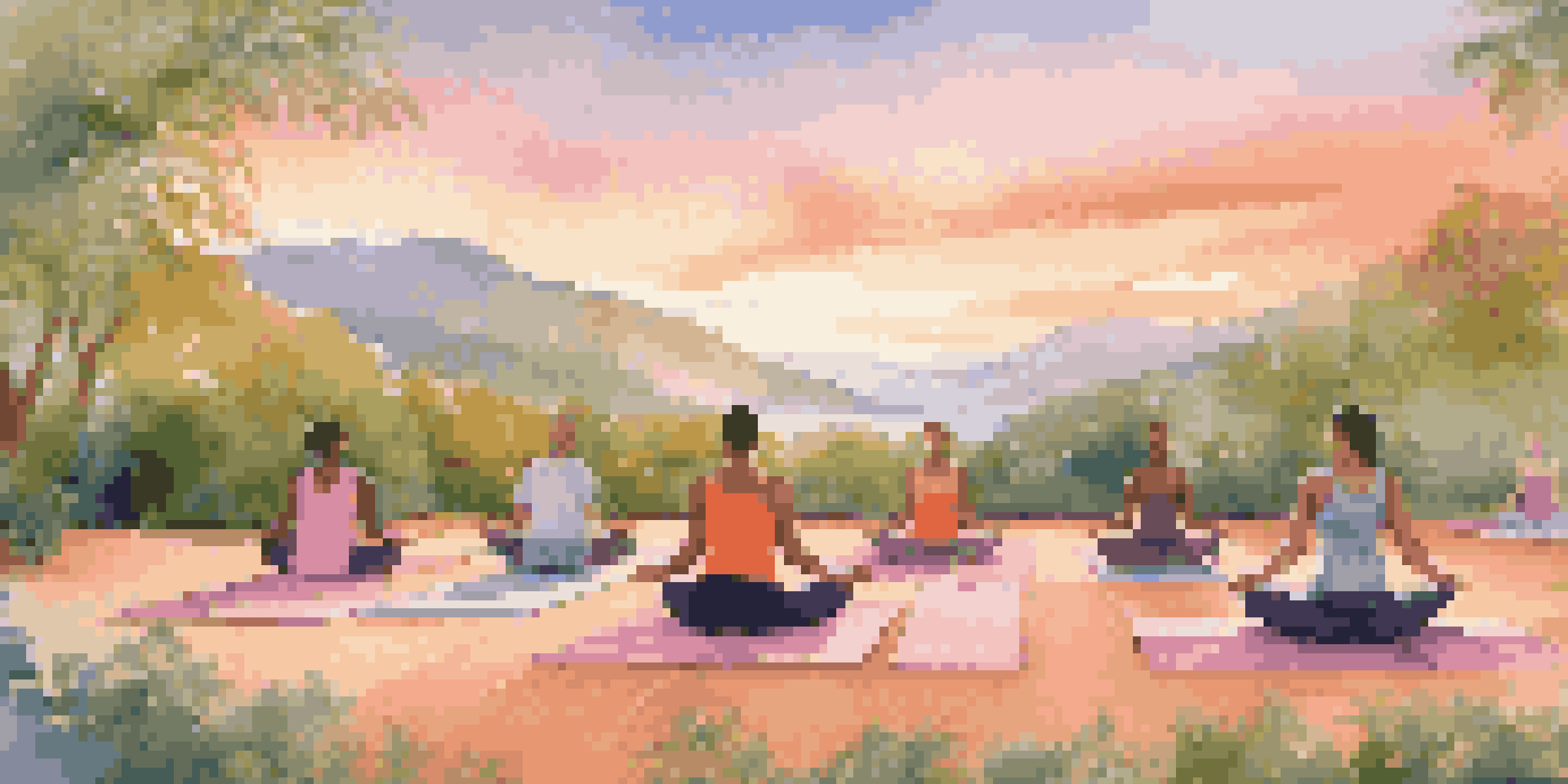 A diverse group of people practicing yoga outdoors at sunrise, with mountains and lush greenery in the background.