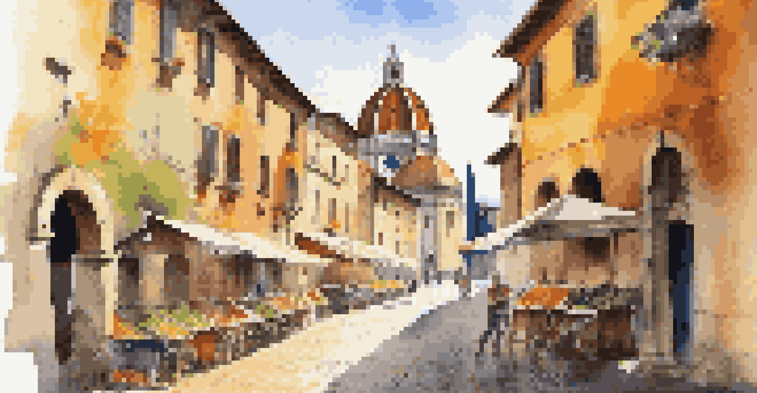 A traveler on a cobblestone street in an Italian town, looking at a historic church surrounded by vibrant local markets.