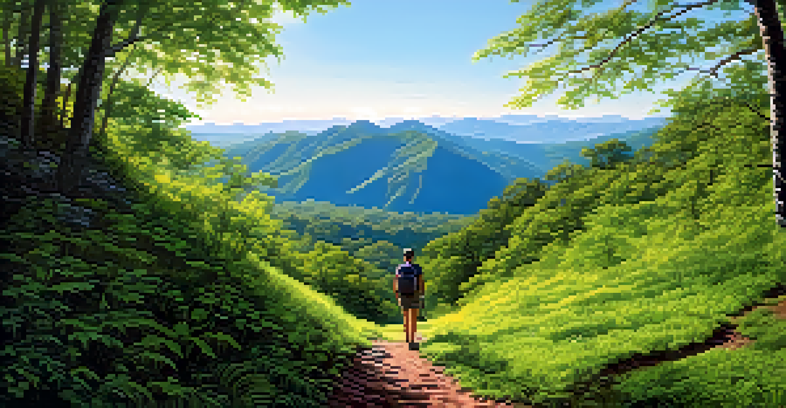 A peaceful hiking trail surrounded by green forests and a hiker admiring distant mountains under a clear sky.