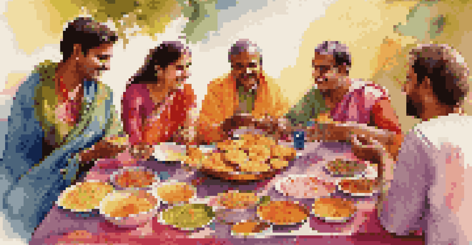 Friends sharing traditional sweets and snacks during the Holi festival, set against colorful decorations and warm sunlight.