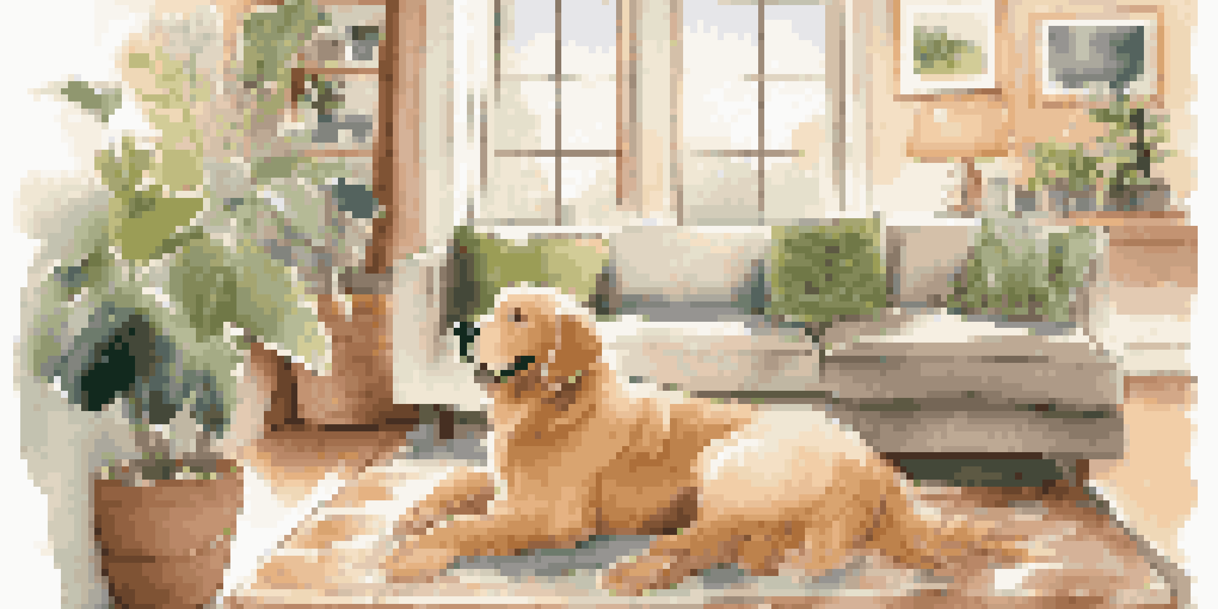 A warm and inviting living room in a pet-friendly Airbnb with a golden retriever resting on a dog bed, surrounded by houseplants and natural light.