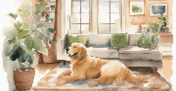 A warm and inviting living room in a pet-friendly Airbnb with a golden retriever resting on a dog bed, surrounded by houseplants and natural light.