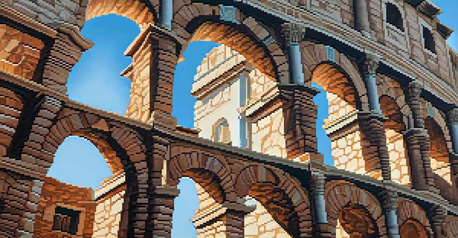 Close-up view of the Colosseum's stone arches and intricate designs with shadows and a blue sky in the background.