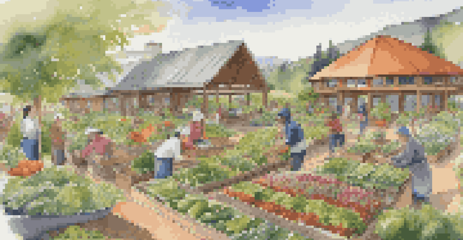 A vibrant community garden next to an eco-lodge, with guests in a cooking class and the lodge in the background.