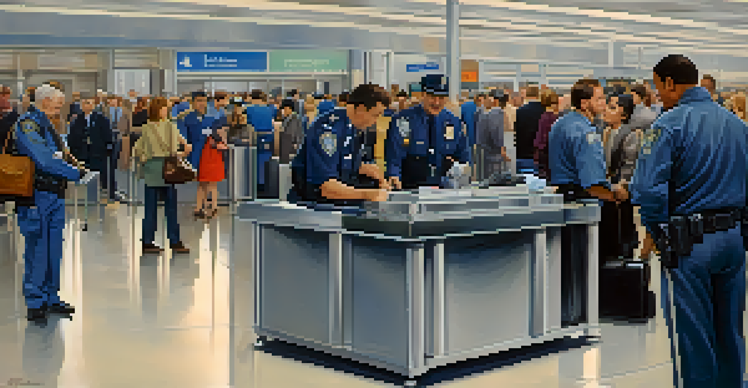A busy airport security checkpoint with travelers preparing for screening and security staff assisting.