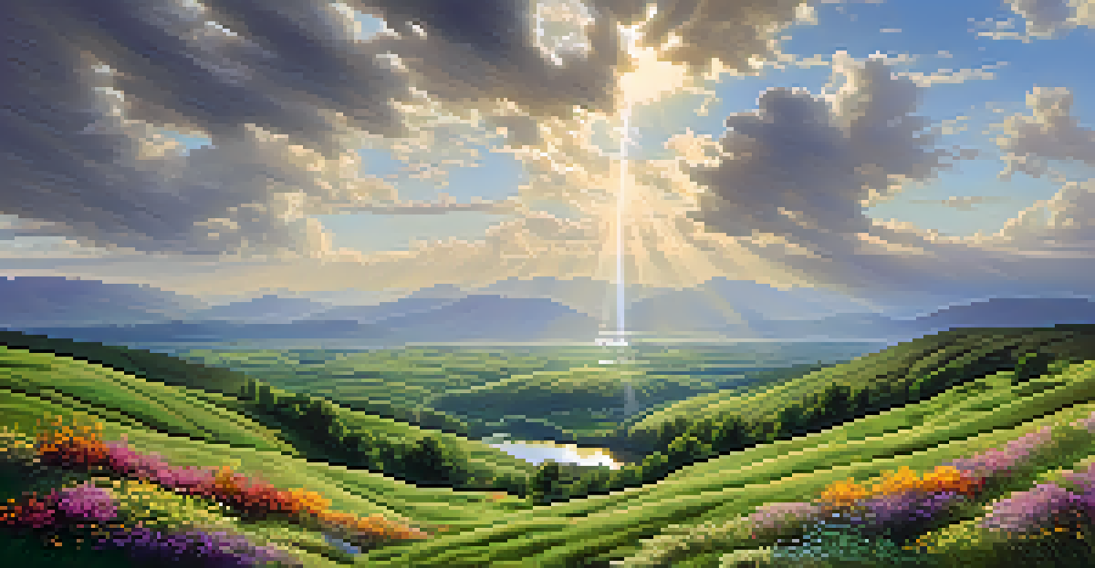 A rolling green valley with a winding river and dramatic clouds, featuring sunlight breaking through.