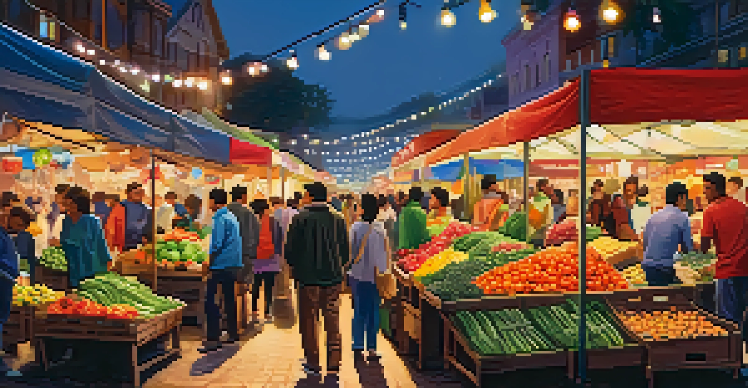 A lively local market filled with colorful fruits, vegetables, and people shopping.