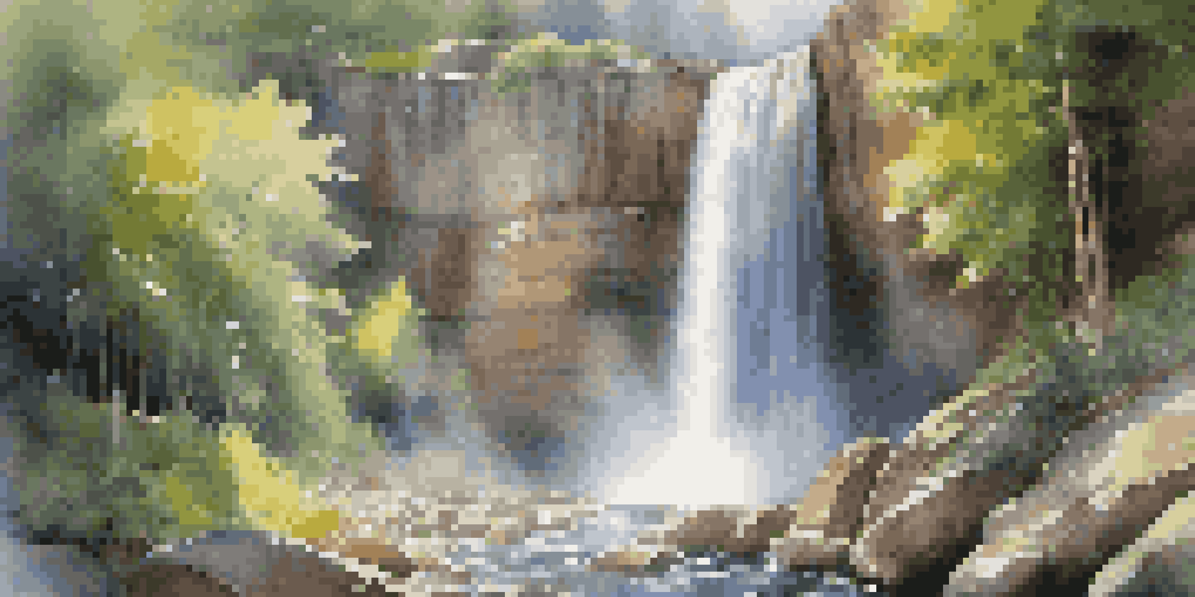 A beautiful waterfall surrounded by greenery, with sunlight filtering through the trees and a rainbow in the mist.