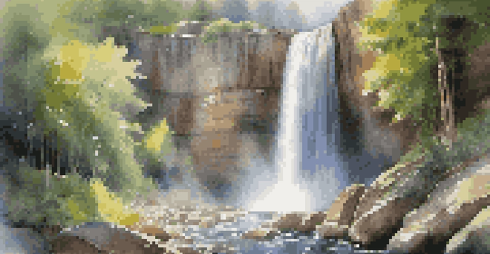 A beautiful waterfall surrounded by greenery, with sunlight filtering through the trees and a rainbow in the mist.