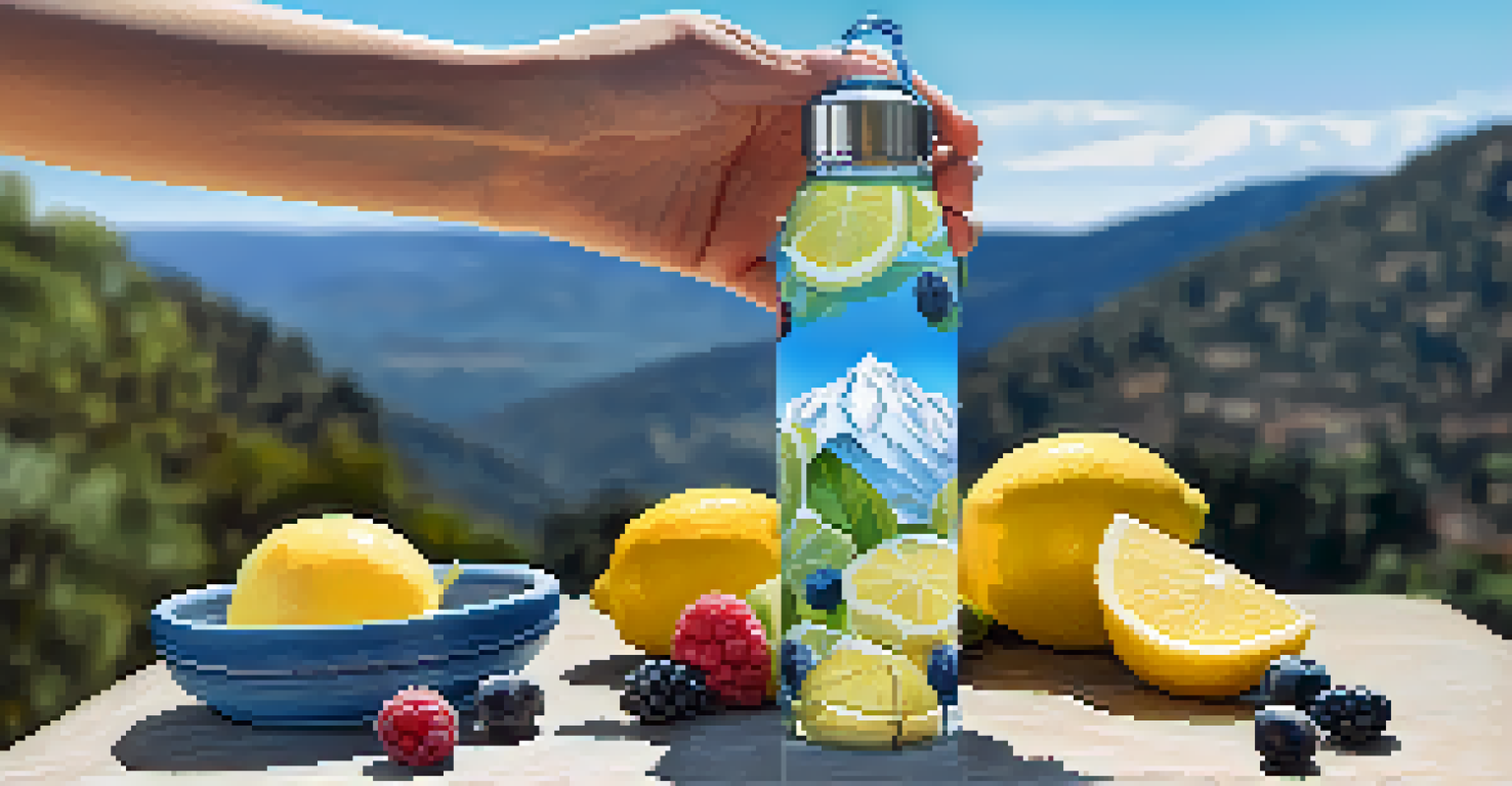A hand holding a reusable water bottle with infused fruit water, set against a mountain landscape.