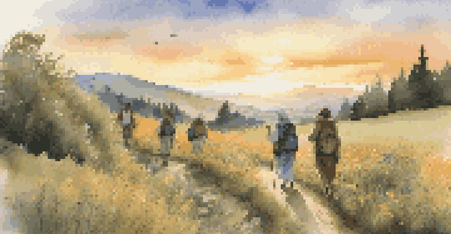 A group of diverse pilgrims walking on a rustic trail during sunset, surrounded by hills and wildflowers, sharing a moment of connection.