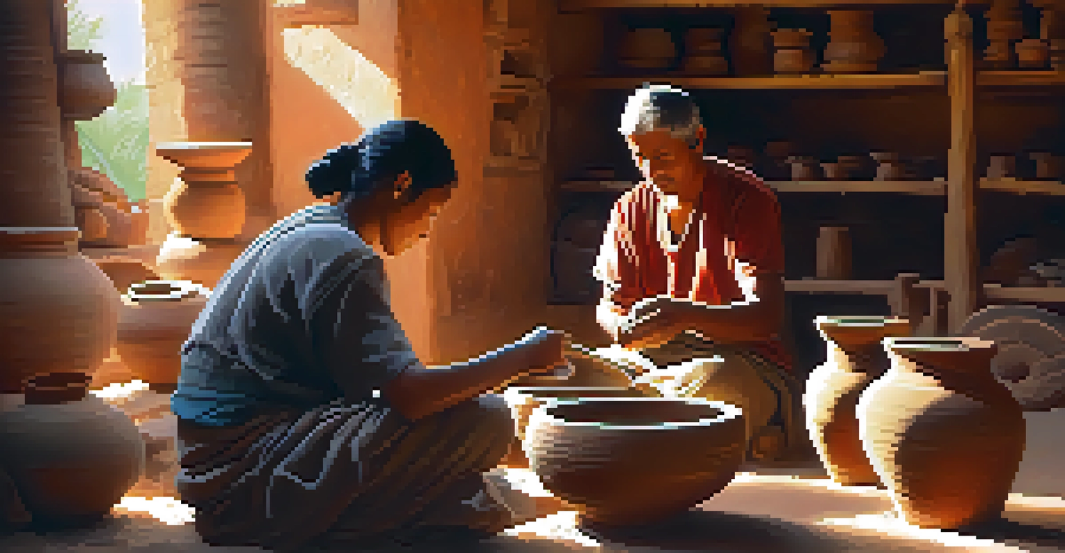 A traveler watching a local artisan making pottery in a sunlit workshop.