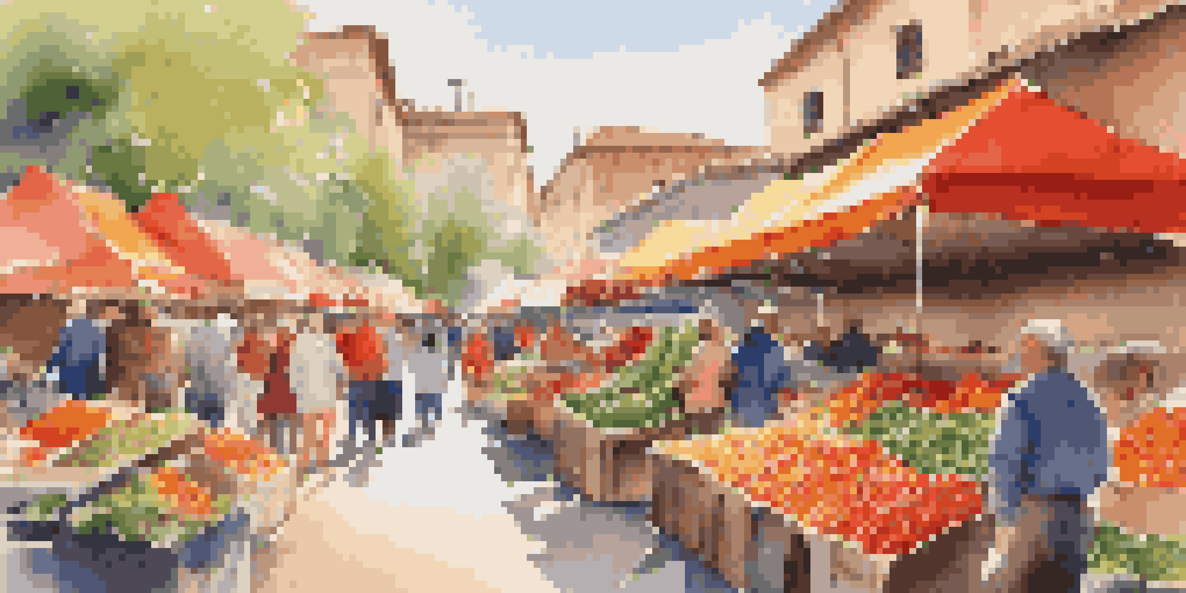 A lively outdoor market filled with fresh produce, including bell peppers, carrots, and strawberries, under bright sunlight.