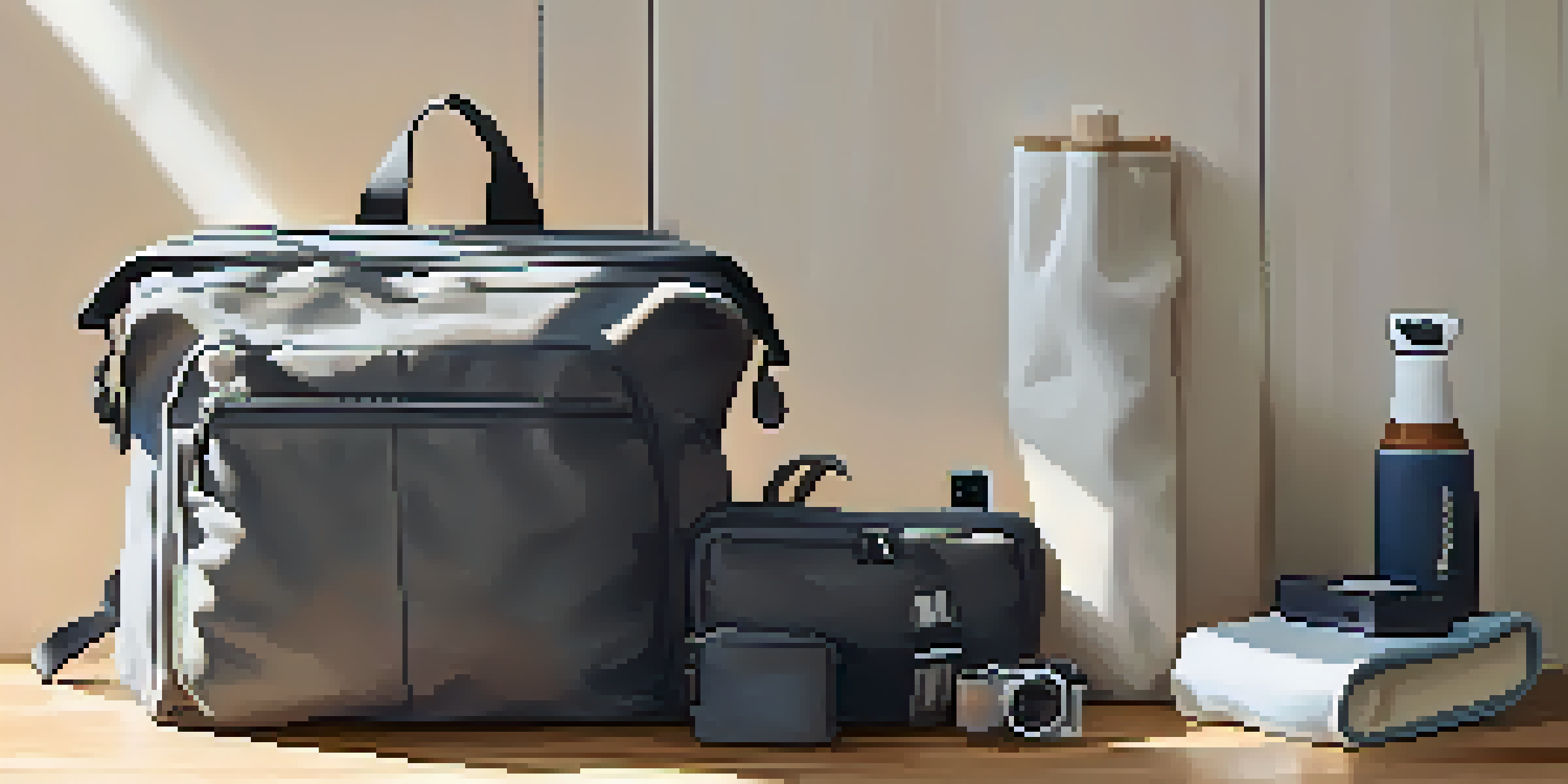 A minimalist travel setup with a stylish backpack, rolled clothes, a travel organizer, and a portable charger, illuminated by natural light.