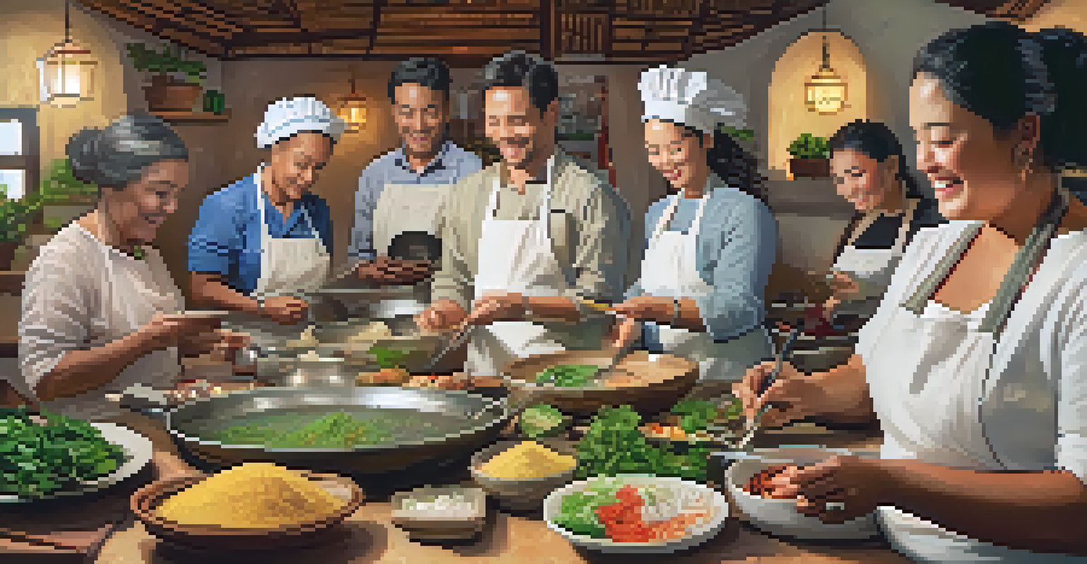 A cooking class with a local chef and engaged participants, featuring fresh ingredients and cultural decorations in a cozy kitchen.