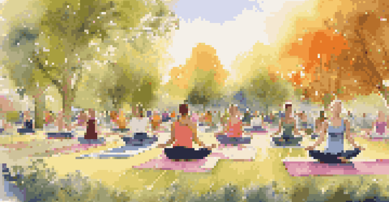 A group of people practicing yoga outdoors in a park during sunset, surrounded by nature.