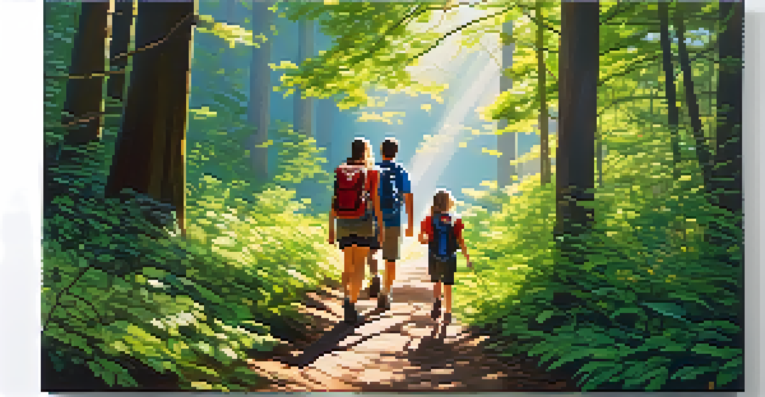 A family hiking on a scenic trail with greenery and sunlight filtering through the trees.
